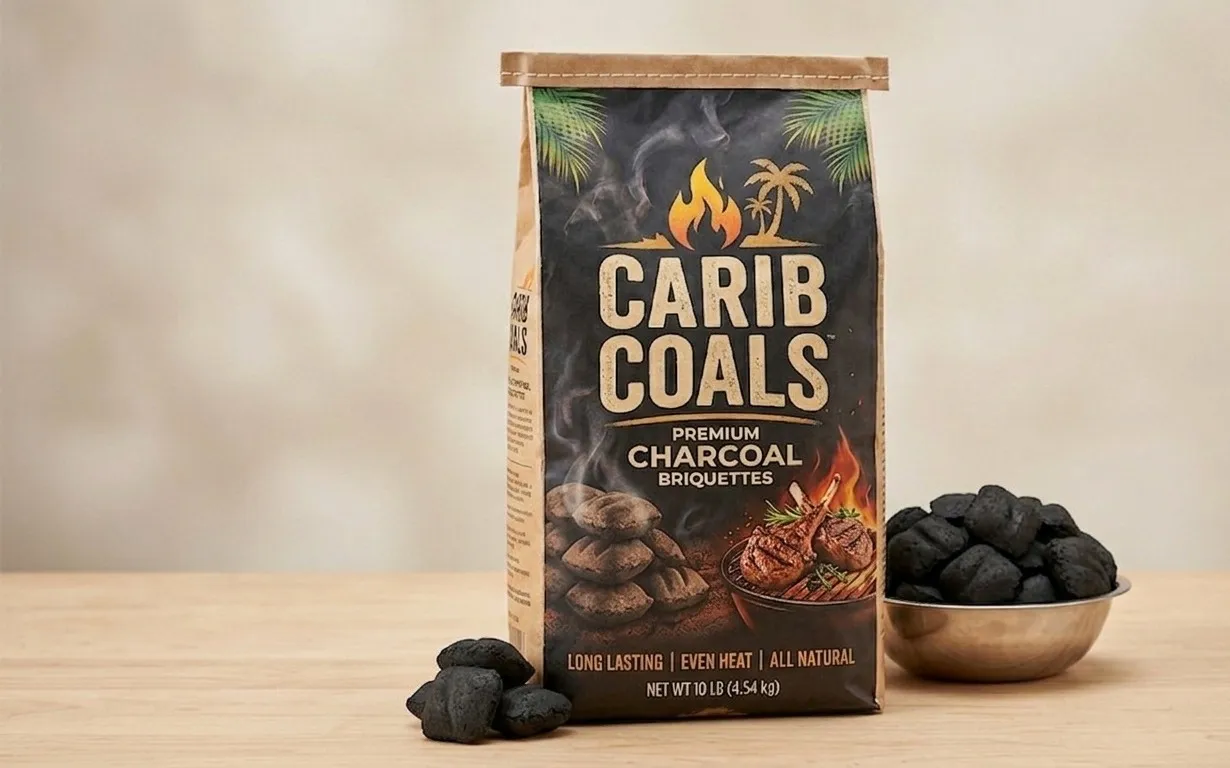 Retail Carib Coals packaging beside a bowl of briquettes