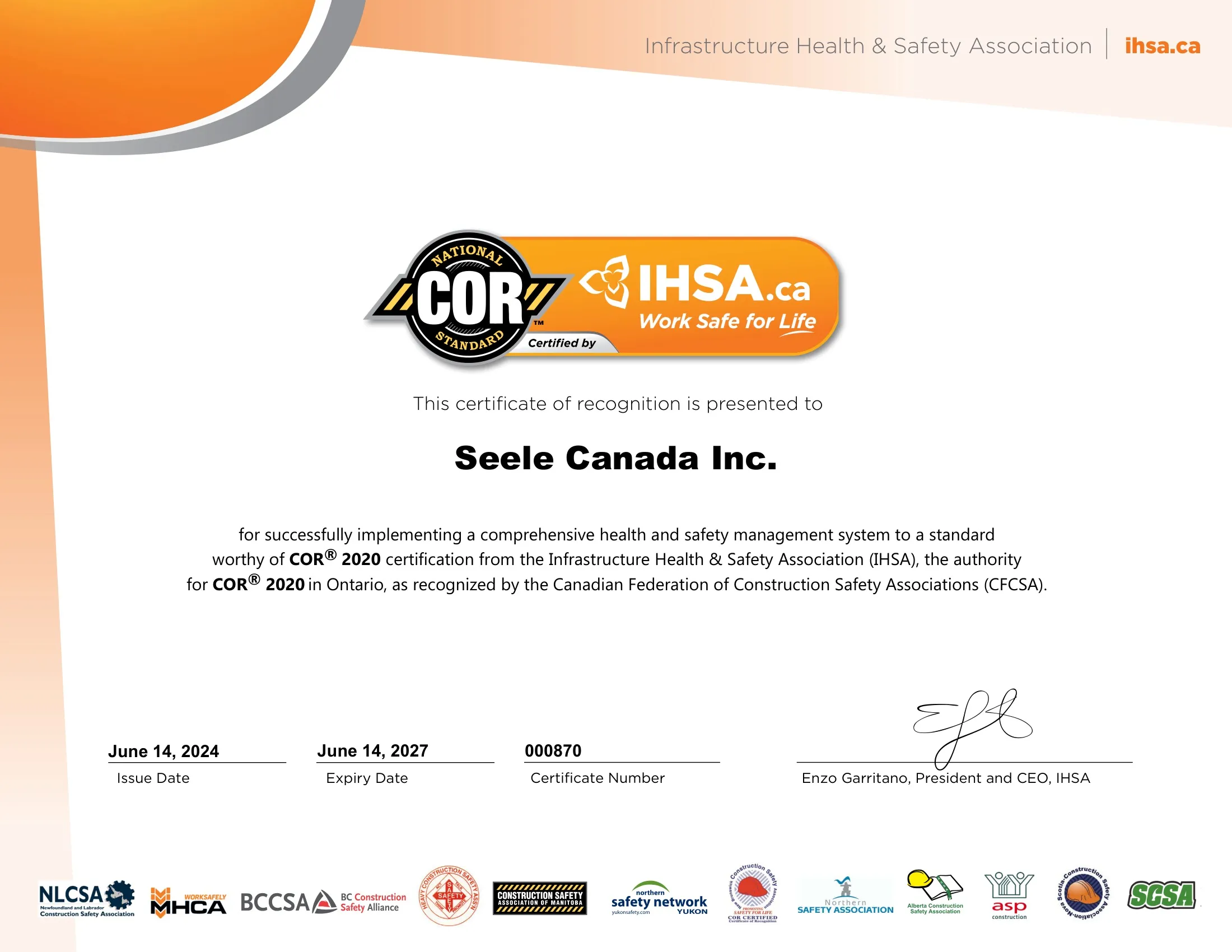 IHSA COR 2020 certificate of recognition issued to seele Canada Inc.