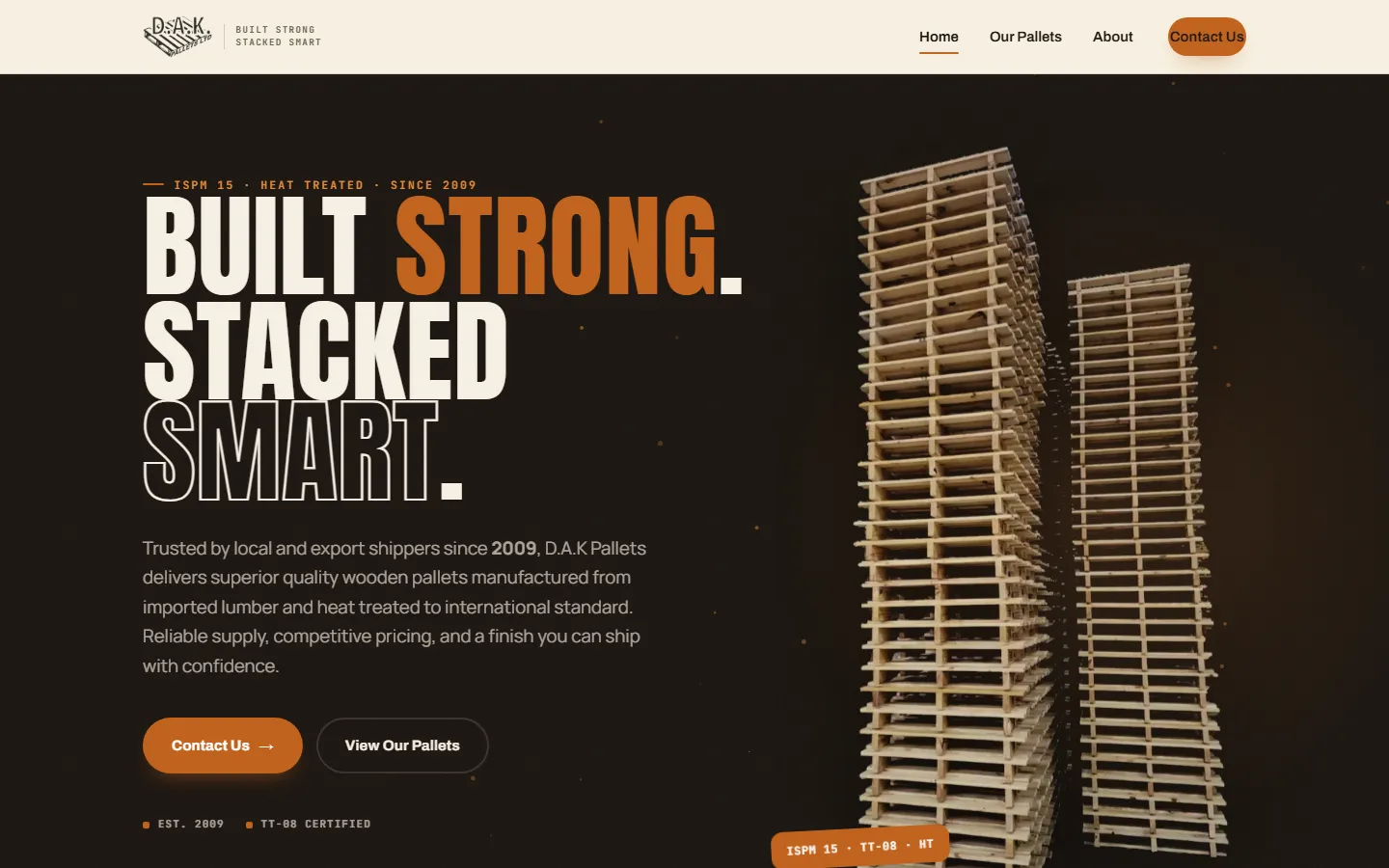 Screenshot of the live D.A.K Pallets Ltd. homepage