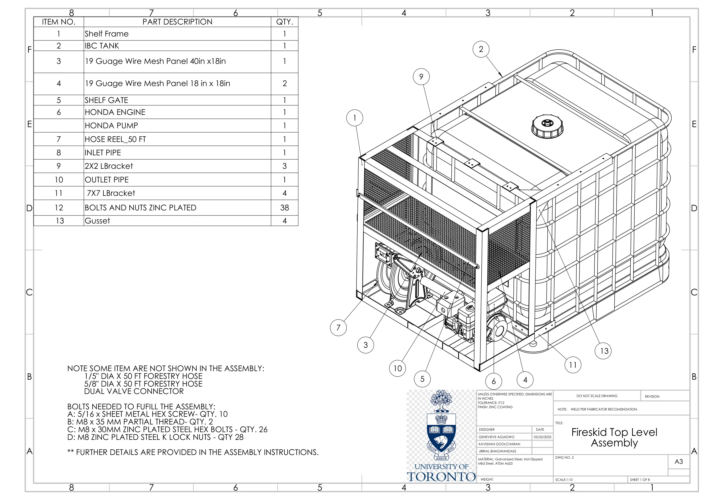 CAD assembly drawing of the fire skid top-level assembly with a numbered bill of materials