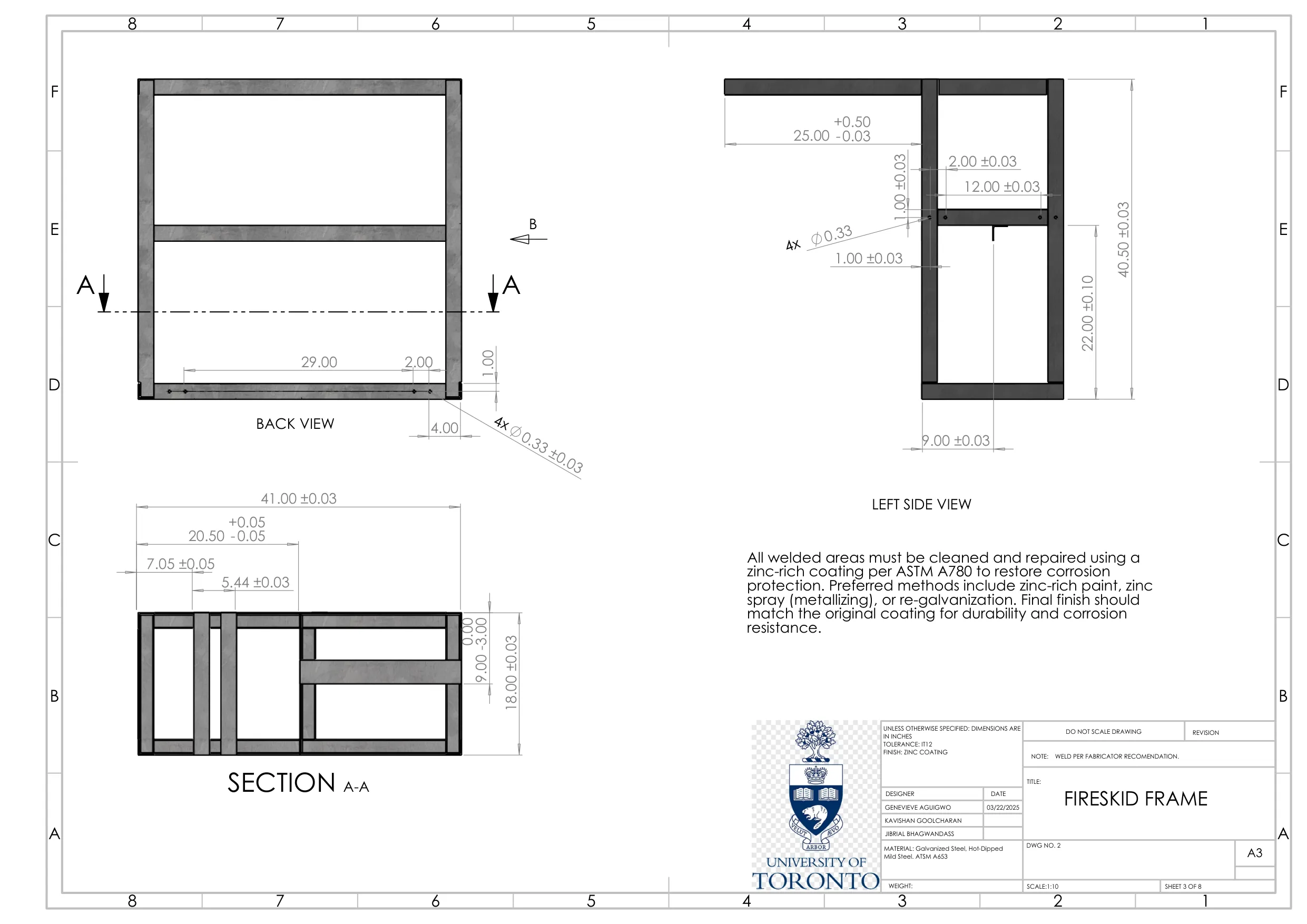 Orthographic CAD drawing of the fire skid frame with dimensions and section views