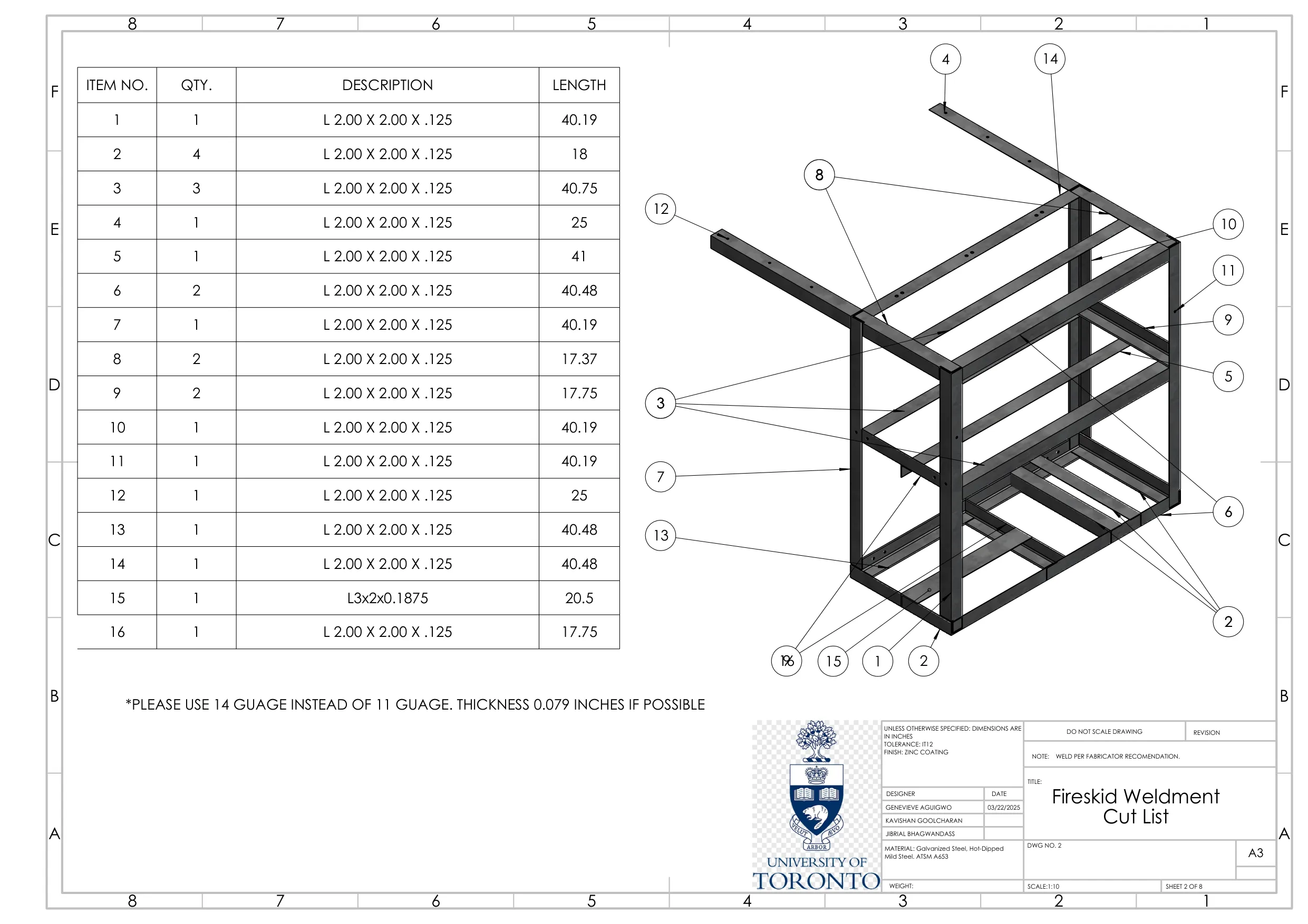 CAD isometric drawing of the fire skid weldment with a structural cut list